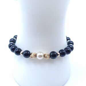 14k Gold Filled Pearl Black Glass Beaded Bracelet Fish Hook Closure